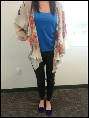 bright flower shawl with blue shoes